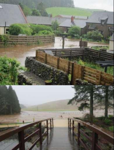 Top: 2012 village flood (Marina Vundum) Bottom: River Esk at Samye Ling 2020 (R Knox)